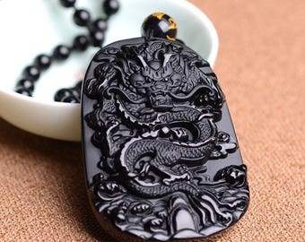 Natural Carved Jade Pendant with Obsidian Beaded Necklace