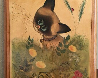 Vintage 60s George Buckett Big Eye Siamese Cat Print Decoupage on Wood Art Kitsch