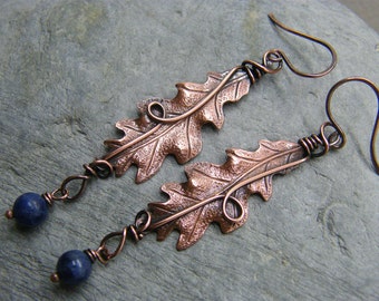 Leaf earrings ~ Dangly earrings ~ Statement earrings ~ Oak leaf earrings ~ Oak leaf jewelry ~ Blue gemstone leaf earrings ~ Long dangly