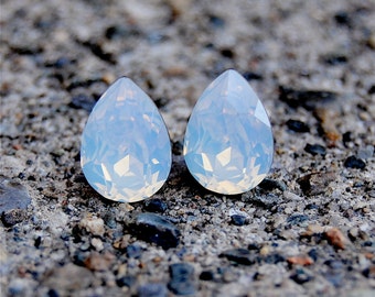 White Milky Opal Small Duchess Pear White Milky Opal Swarovski Crystal Stud Earrings Mashugana