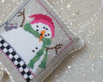 Holiday Snowman and his Kitty Friend- Cross Stitch Christmas Ornament