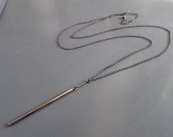 Gun Metal Bar Long Necklace, Layered Oxidized Sterling Silver Pendant, Bohemian, Multi-Strand, Boho, Biker, Unique, Classic, Minimalist,Boho