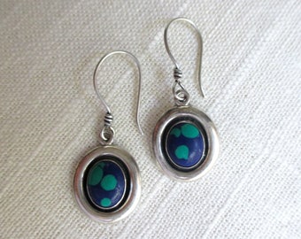 Sterling Silver and Azurite Drop Earrings - Signed SJ