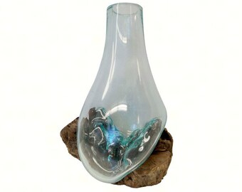 10 inch Wood & Glass Stem Vase -Molten glass poured upon eco-friendly teak root wood creates a completely unique piece of art!