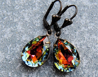 Dark Rainbow Swarovski Crystal Pear Drop Dangle Rhinestone Earrings Duchess Mashugana