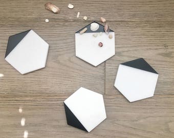 Hexagon White Marble Coasters. Set of 2, Set of 4 or Set of 6. Black Painted Honed Marble. Natural Stone Coasters. Geometric Coasters