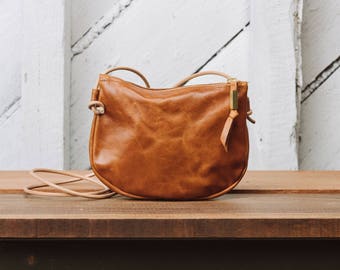Leather Crossbody Zip Purse: The Luna Crossbody in Tan Leather by Awl Snap