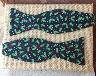 Vintage Green Holly Christmas Bow Tie & Pocket Square Set – 100% Cotton, Handmade In UK