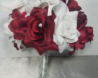 Burgundy White Rose Calla Lily Bridal Wedding Bouquet & Boutonniere