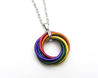 LGBT pride necklace, large love knot chainmail pendant, rainbow gay pride jewelry