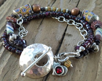 African Trade Bead Bracelet with Garnet and Hill Tribe Silver, Sterling Silver Heart Charm, Valentines Day Gift, January Birthstone