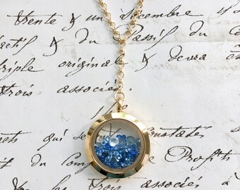 Blues - Glass Memory Keepsake Shake Locket Floating Vintage Y Style Necklace - Yellow Gold & Sapphires - Nickel Free - Ready to Ship