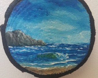 Hand Painted Wood Slice Magnet, Oil Painting, Fridge Magnet, Original Art, Small Painting, Nature Gift