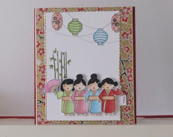 Japanese card - Good luck card - Blank double greeting card - Hand colored - Main card color is red