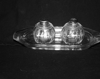 Vintage 1940s Clear Glass Salt and Pepper Shakers on Tray