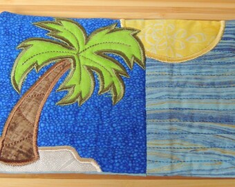 Tropical Mug Rug - Applique Embroidered - Coffee Mat - Candle Mat Drink Coaster Gift - Decor - Snack Table Desk Mat - Palm Seascape Getaway