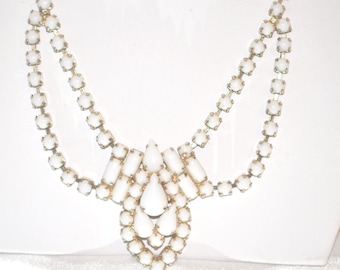 Vintage White Milk Glass Rhinestones in Gold Tone Setting Necklace