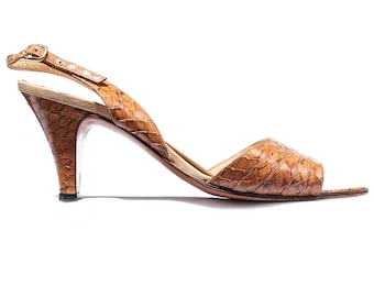 Snakeskin Sandals 70s Real Reptile Leather Animal Slingback Peep Toe Heel Shoes Beige Leather Made in Italy US 6.5 , UK 4 , Eur 37