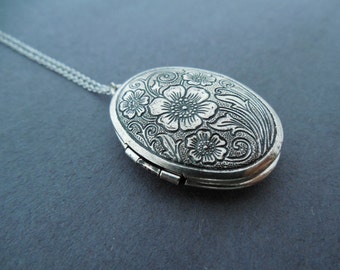 Vintage, Style, Flower, Locket, Photo, Silver, Necklace, Photo, Picture, Jewelry, Birthday, Best friends, Sister, Gift, Jewelry
