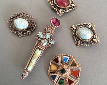 VINTAGE BROOCH Pins Multi Colour Glass Celtic Look Metals