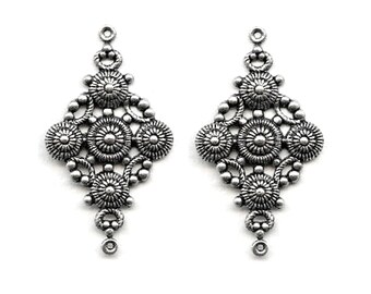 2 connecteurs estampes vintage plaqué argent oxydé, 46x26 mm
