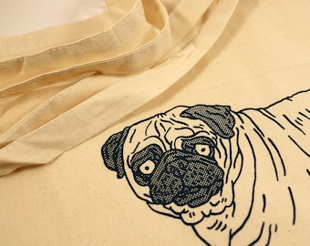 Tote bag pug with diaper Hand silkscreen printed