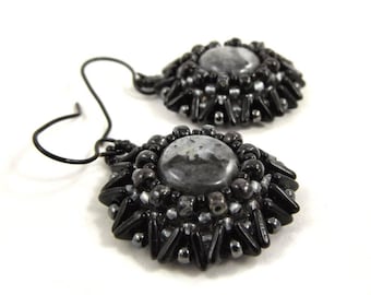 Black and Gray Beadwork Earrings, Beautiful Gemstone and Seed Bead Jewelry