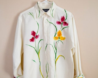 90s Land's End Hand Painted Floral Long Sleeve Button Up Oxford Size Large