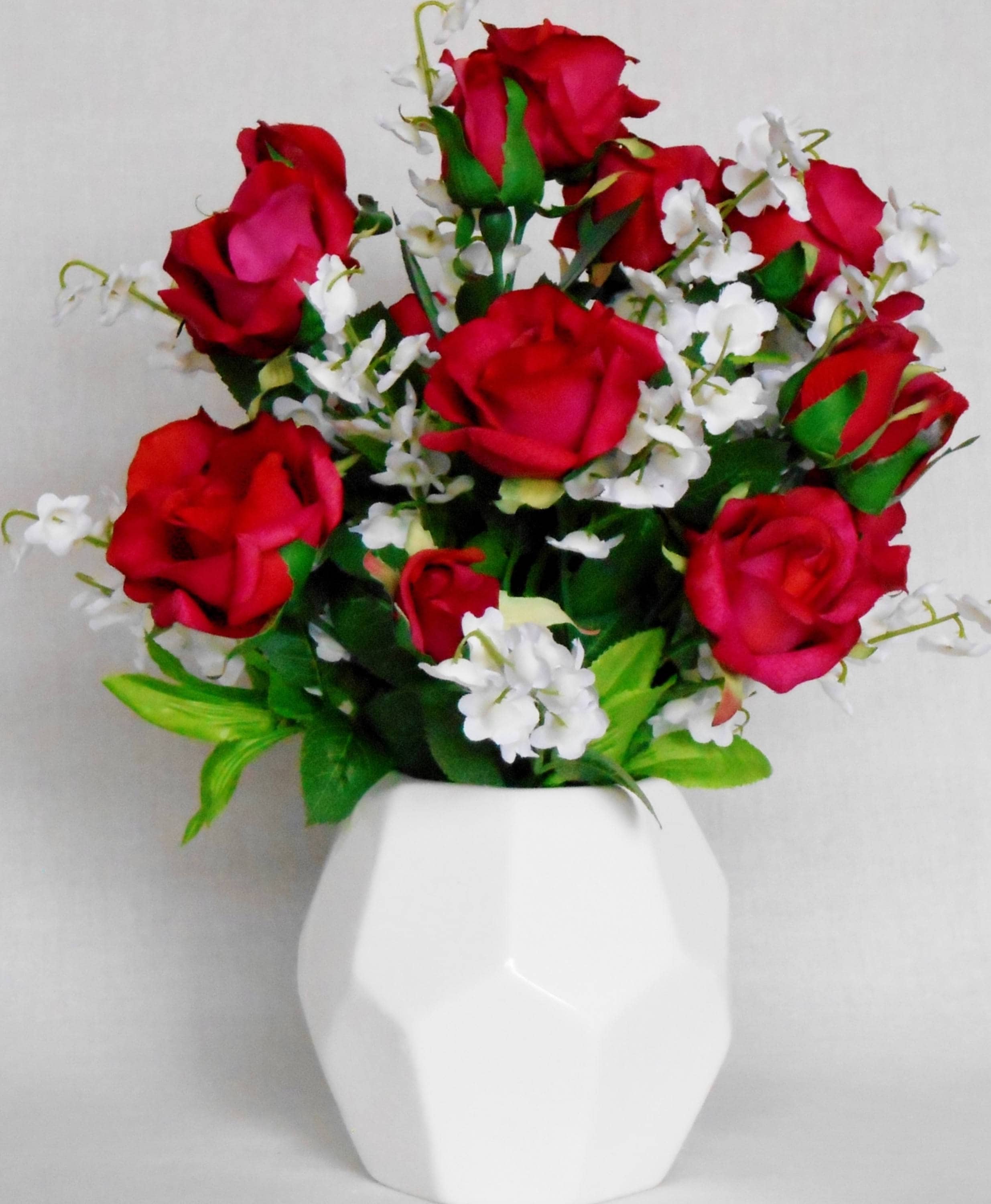 Silk Flower Arrangement Red Roses White Lily of The Valley