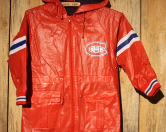 Vintage Kids Montreal Canadiens NHL Rain Trench Coat Jacket Hooded Size Small +
