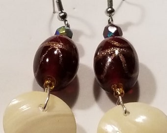 Handcrafted Mauve Glass Bead Mother of Pearl Shell Dangle Earrings