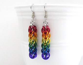 LGBT pride earrings, rainbow chainmail earrings, gay pride jewelry, Full Persian chainmail weave