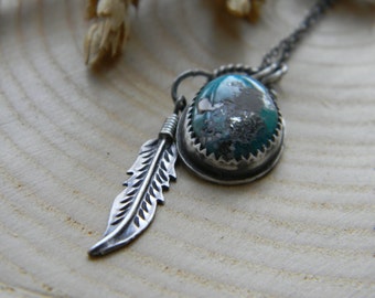Bohemian Turquoise Pendant Necklace with feather - sterling silver - oxidized and rustic