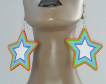 Adorable Star Wooden Earrings Embellished with Beautiful Glitter, Star Earrings, Handmade Earrings, Fashion Earrings, Women's Earrings