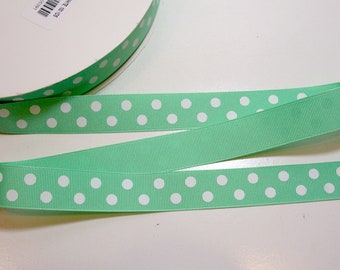 Polka Dot Ribbon, Mint Green and White Polka Dot Grosgrain Ribbon 7/8 inch wide x 10 yards, Offray Ribbon