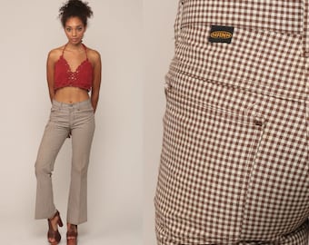 Bell Bottom Trousers Gingham Pants 70s Hippie Plaid Pants High Waisted Flared Brown Golf Bohemian Hipster 1970s Checkered Print Small 2 26