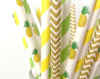 Pineapple Paper Straws - Tropical Pineapple Party Decor, Luau 1st Birthday Party, Beach Bachelorette, Baby Shower, Fruit party, Gold Wedding