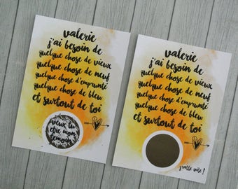 Scratch card application of watercolor + text to customize name