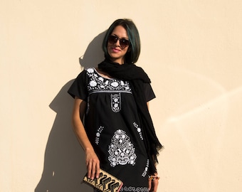 Hand Embroidered Ethnic/Folk, Channel-Style Loose Dress. Color Black and white