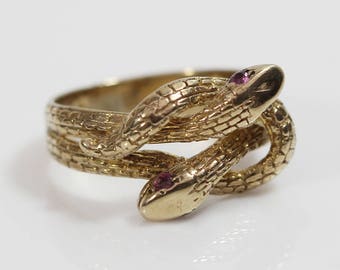 9ct Gold Double Headed Coiled Serpent Snake Head Ring Ruby Eyes UK Size M 1/2 US 6.50