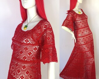 Vintage 1960s red Crochet maxi dress / psych / flower / hippie / festival 70s / mexicana // STUNNING