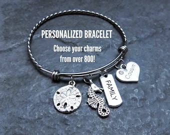 Custom Charm Bracelet - Personalized Bracelet - Choose Your Charms - Expandable Bangle - Twisted Stainless Steel - Gift for Her - Jewelry