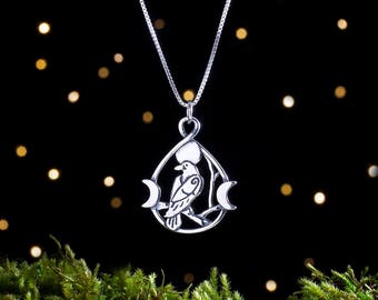Sterling Silver Raven and Triple Moon - Double Sided - (Pendant or Necklace)