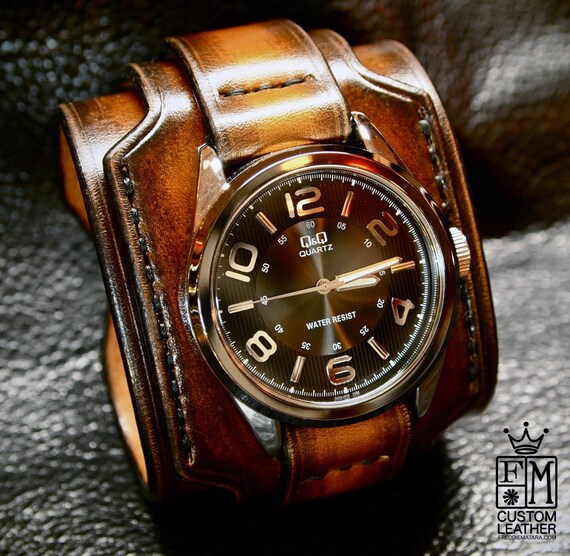 Leather cuff watch Tobacco sunburst wide layered Brown watch band cuff Bracelet Handmade for YOU in New York by Freddie Matara