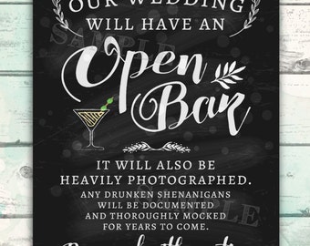 Open Bar Wedding Sign, Funny Wedding Sign, Shenanigans Wedding Sign, Open Bar Proceed with Caution, Chalkboard Open Bar Wedding