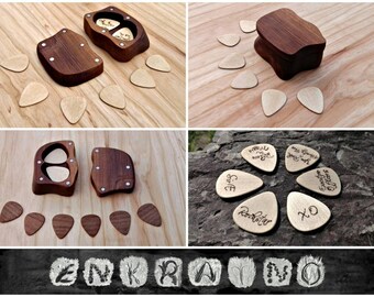 GUITAR PICKS & BOX / wooden guitar pick box / wood guitar pick case / guitar pick holder / wooden pick case / wood box / wood guitar picks