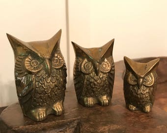 Vintage Trio of Miniature Brass Owl Figurines
