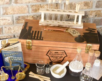 Wizard's Potion Making Kit - Apothecary Kit with supplies and wooden carrying case