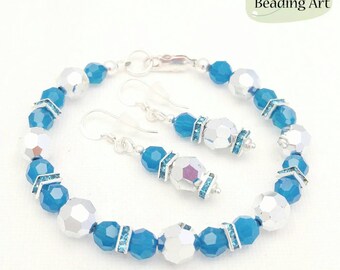 Sparkly jewelry, teal bracelet earrings set, crystal jewelry set, Swarovski crystal bracelet, teal jewelry set, teal earrings, crystal bead