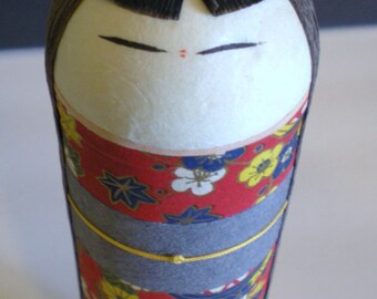 Vintage Kokeshi Doll Bells Inside Washi Paper Kokeshi, Ningyo Japanese Doll Paper Cylinder